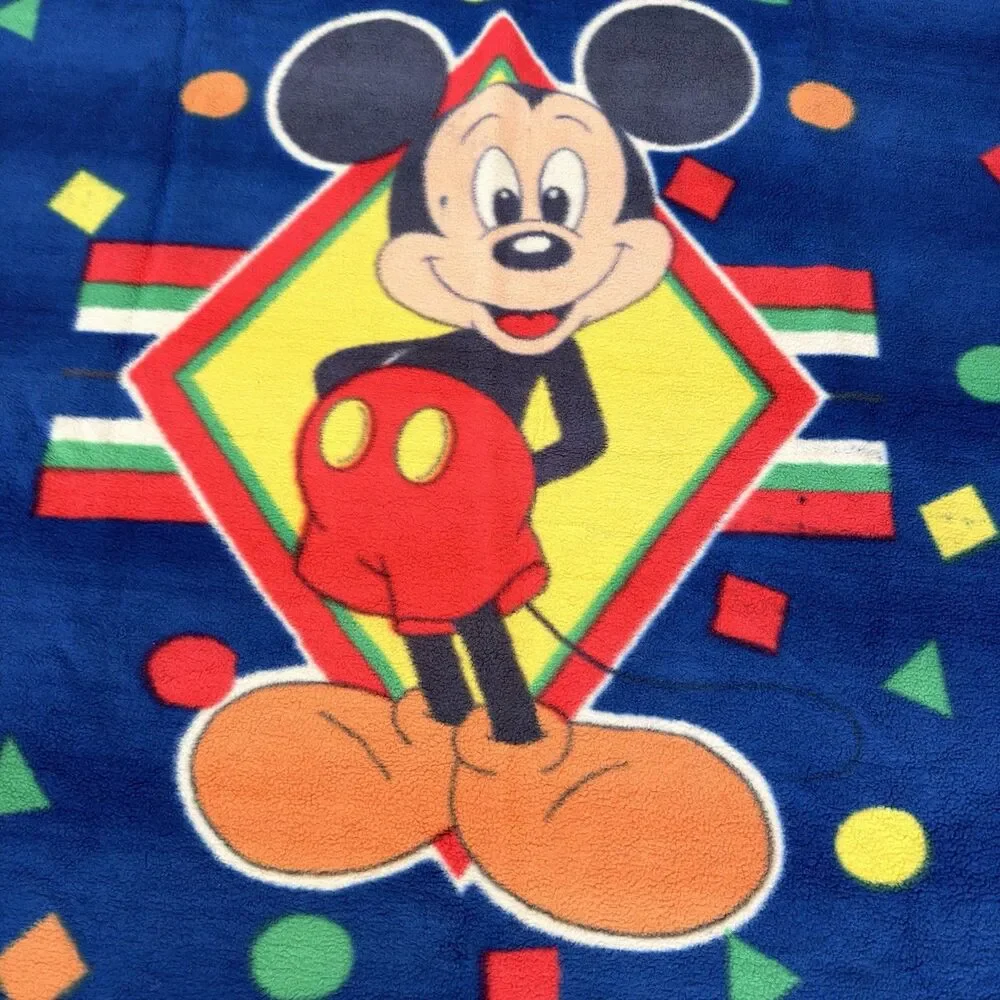 90s Disney Mickey Mouse Twin Blanket Blue Geometric Plush 78x61 Vintage